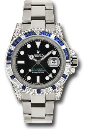 Replica Rolex White Gold GMT-Master II 40 Watch 116759SA Diamond And Blue Sapphire Bezel Black Dial Oyster Bracelet