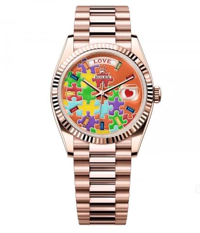 Rolex 128235-0063 Day-Date 36 Everose Gold Fluted Emoji Puzzle Replica Watch