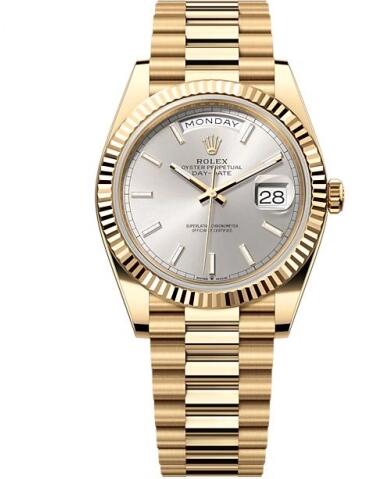 Rolex 228238-0066 Day-Date 40 Yellow Gold Fluted Silver Replica Watch