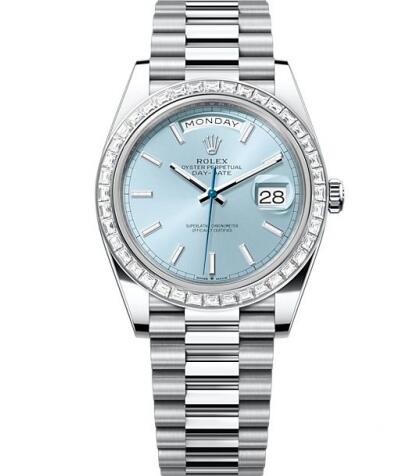 Rolex 228396TBR-0039 Day-Date 40 Platinum Baguette Ice Blue Replica Watch - Click Image to Close