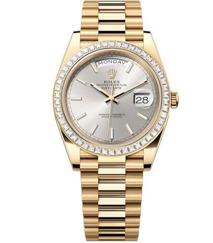 Rolex 228398TBR-0040 Day-Date 40 Yellow Gold Baguette Silver Replica Watch