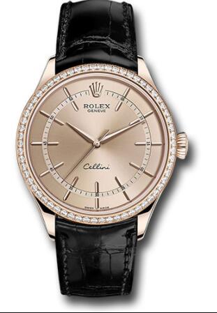 Replica Rolex Cellini Time Watch 50705RBR Everose Pink Dial Black Leather Strap