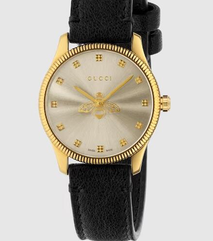 Replica Gucci G-Timeless Watch 29mm In Black Leather & Yellow Gold PV YA1265023