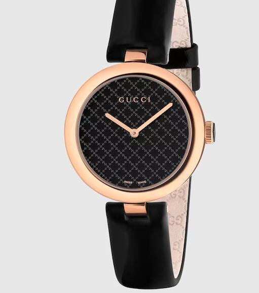 Replica Gucci Diamantissima Black Leather 32mm With Rose Gold & Black PVD Watch YA141401