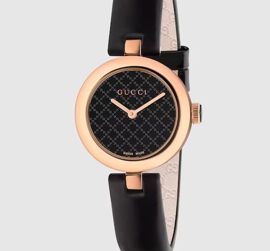 Replica Gucci Diamantissima Black Leather 27mm With Rose Gold & Black PVD YA141501